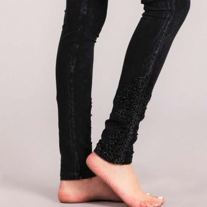 Made with USA Cotton | Chatoyant Mineral Washed Jeggings with Crochet Ankle Detail Hem in Black Mineral Washed Style