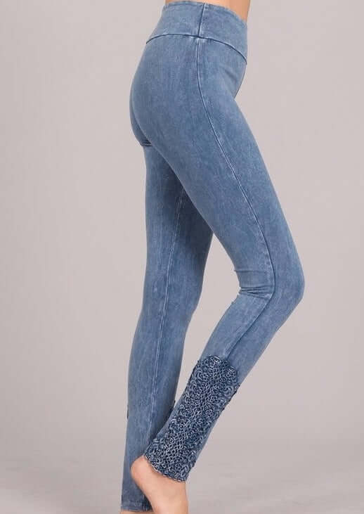 Chatoyant Light Denim Mineral Washed Jeggings with Crochet Ankle Detail Hem Style