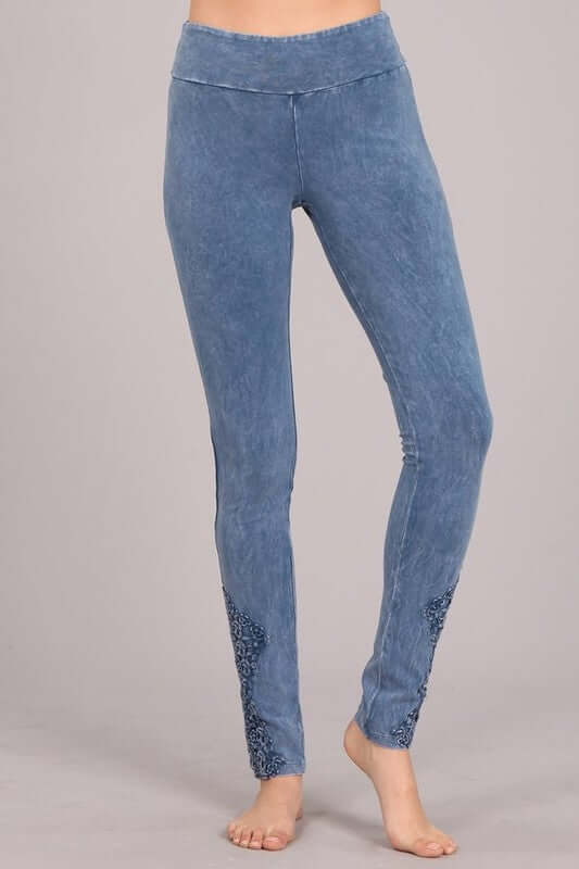 Chatoyant Light Denim Mineral Washed Jeggings with Crochet Ankle Detail Hem Style