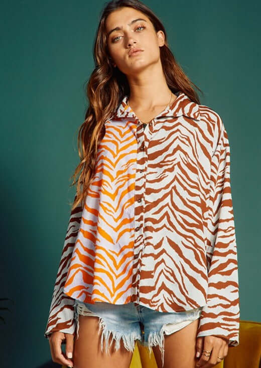 Bucket List Ladies Animal Print Color Block Contrast Button Down Top | Style