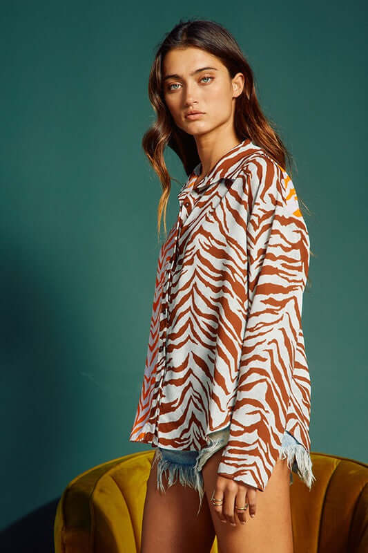 Bucket List Ladies Animal Print Color Block Contrast Button Down Top | Style