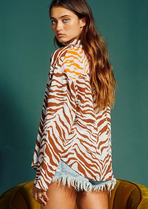 Bucket List Ladies Animal Print Color Block Contrast Button Down Top | Style