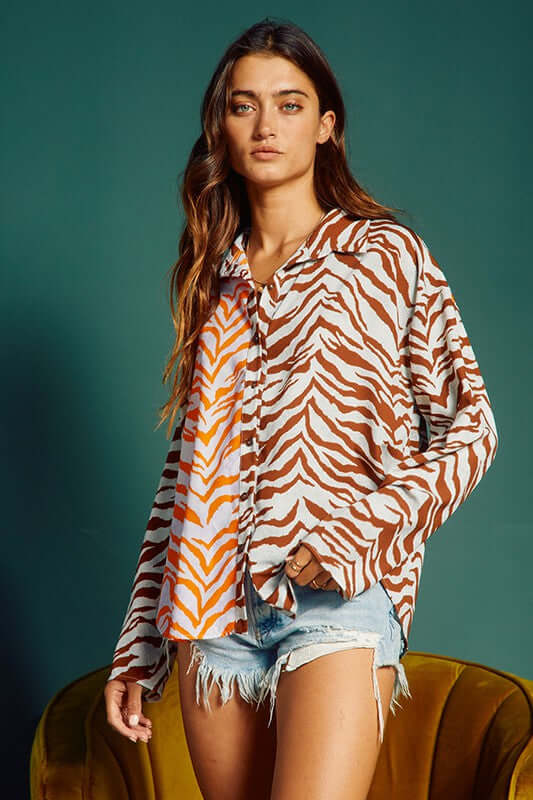 Bucket List Ladies Animal Print Color Block Contrast Button Down Top | Style