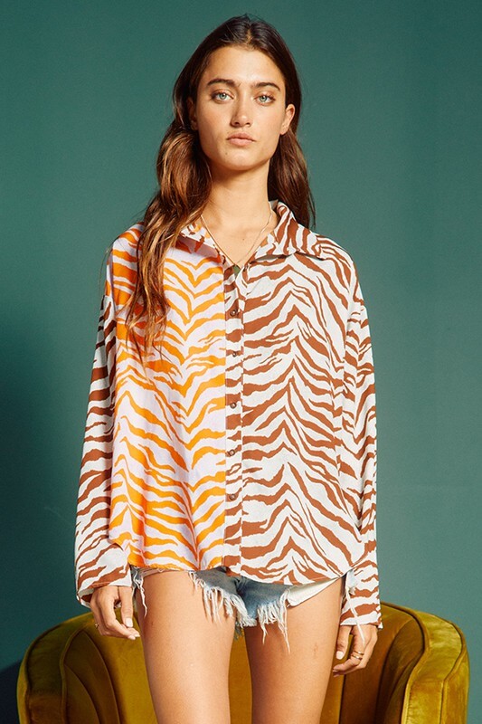 Bucket List Ladies Animal Print Color Block Contrast Button Down Top | Style