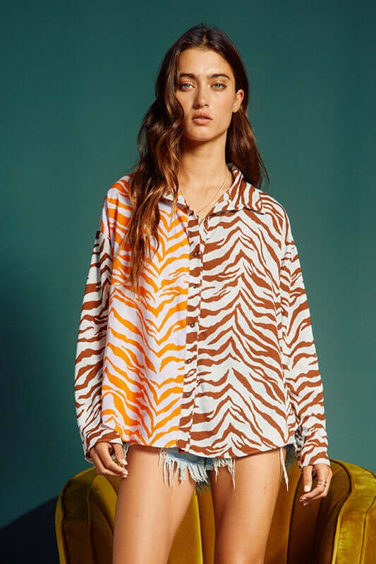 Bucket List Ladies Animal Print Color Block Contrast Button Down Top | Style