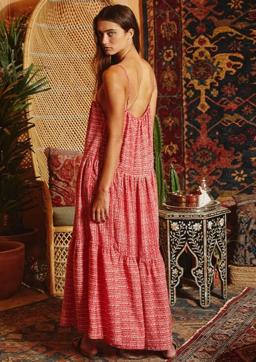 Red &amp; Cream Lace Front Ladies Contrast Detail Tiered Maxi Sun Dress with Spaghetti straps and Side Pockets | Bucket List Style