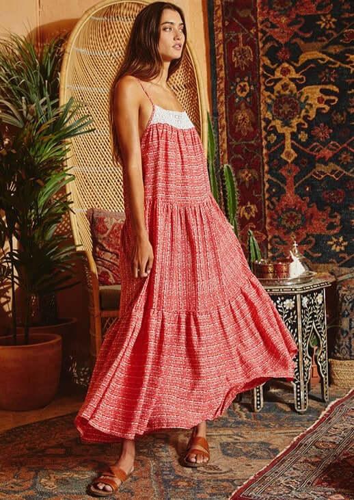 Red &amp; Cream Lace Front Ladies Contrast Detail Tiered Maxi Sun Dress with Spaghetti straps and Side Pockets | Bucket List Style