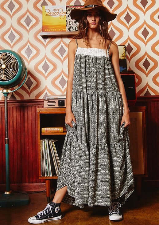 Black &amp; Cream Lace Front Ladies Contrast Detail Tiered Maxi Sun Dress with Spaghetti straps and Side Pockets | Bucket List Style