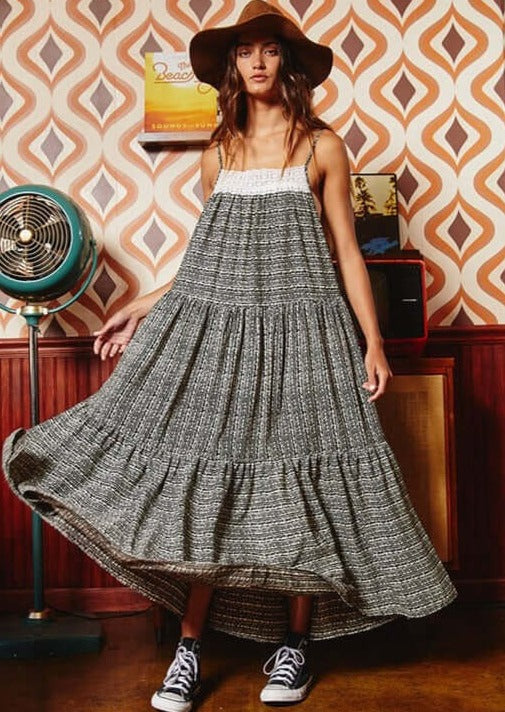 Black &amp; Cream Lace Front Ladies Contrast Detail Tiered Maxi Sun Dress with Spaghetti straps and Side Pockets | Bucket List Style