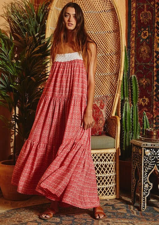 Red &amp; Cream Lace Front Ladies Contrast Detail Tiered Maxi Sun Dress with Spaghetti straps and Side Pockets | Bucket List Style