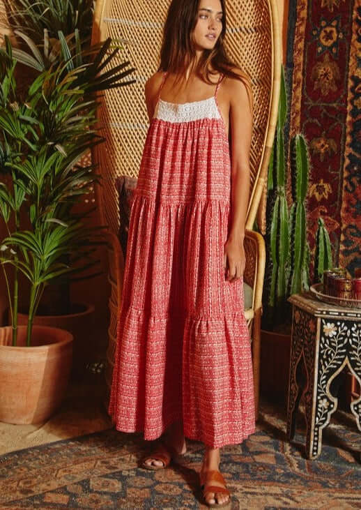 Red &amp; Cream Lace Front Ladies Contrast Detail Tiered Maxi Sun Dress with Spaghetti straps and Side Pockets | Bucket List Style