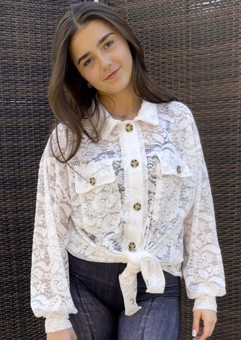 Ladies Oversized Off White Button Down Long Length Floral Lace Tunic Shirt | Made in USA | Classy Cozy Cool Women&