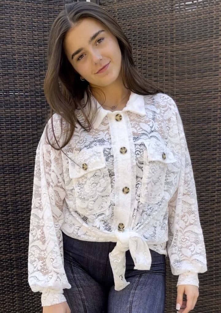 Ladies Oversized Off White Button Down Long Length Floral Lace Tunic Shirt | Made in USA | Classy Cozy Cool Women&