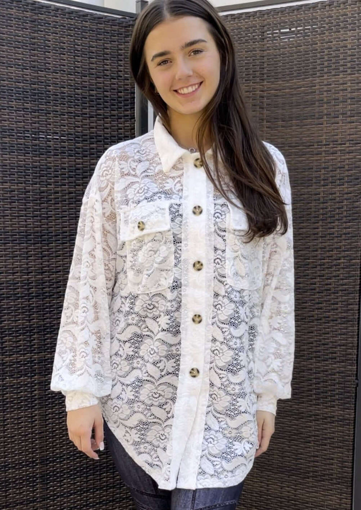 Ladies Oversized Off White Button Down Long Length Floral Lace Tunic Shirt | Made in USA | Classy Cozy Cool Women&