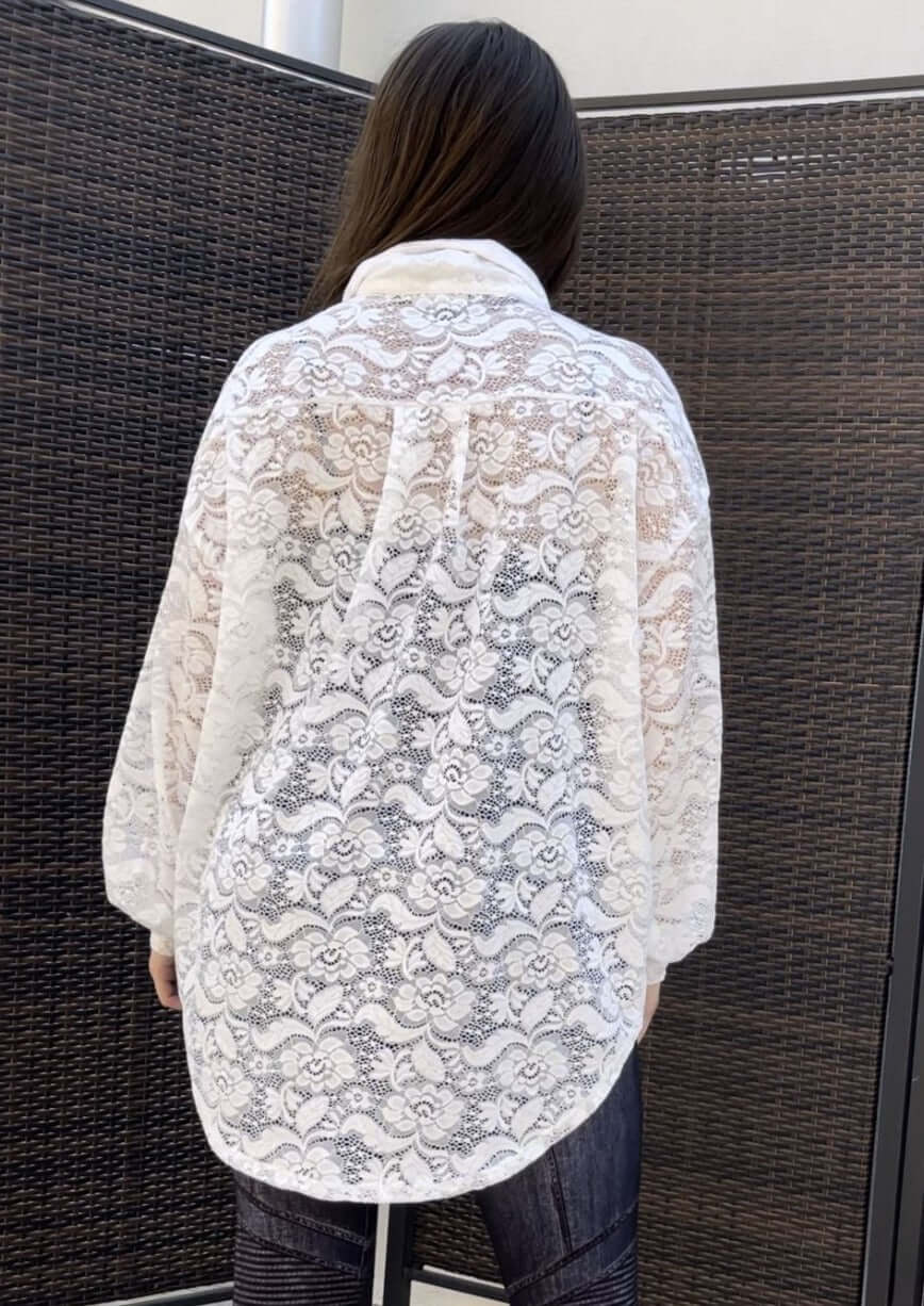 Ladies Oversized Off White Button Down Long Length Floral Lace Tunic Shirt | Made in USA | Classy Cozy Cool Women&