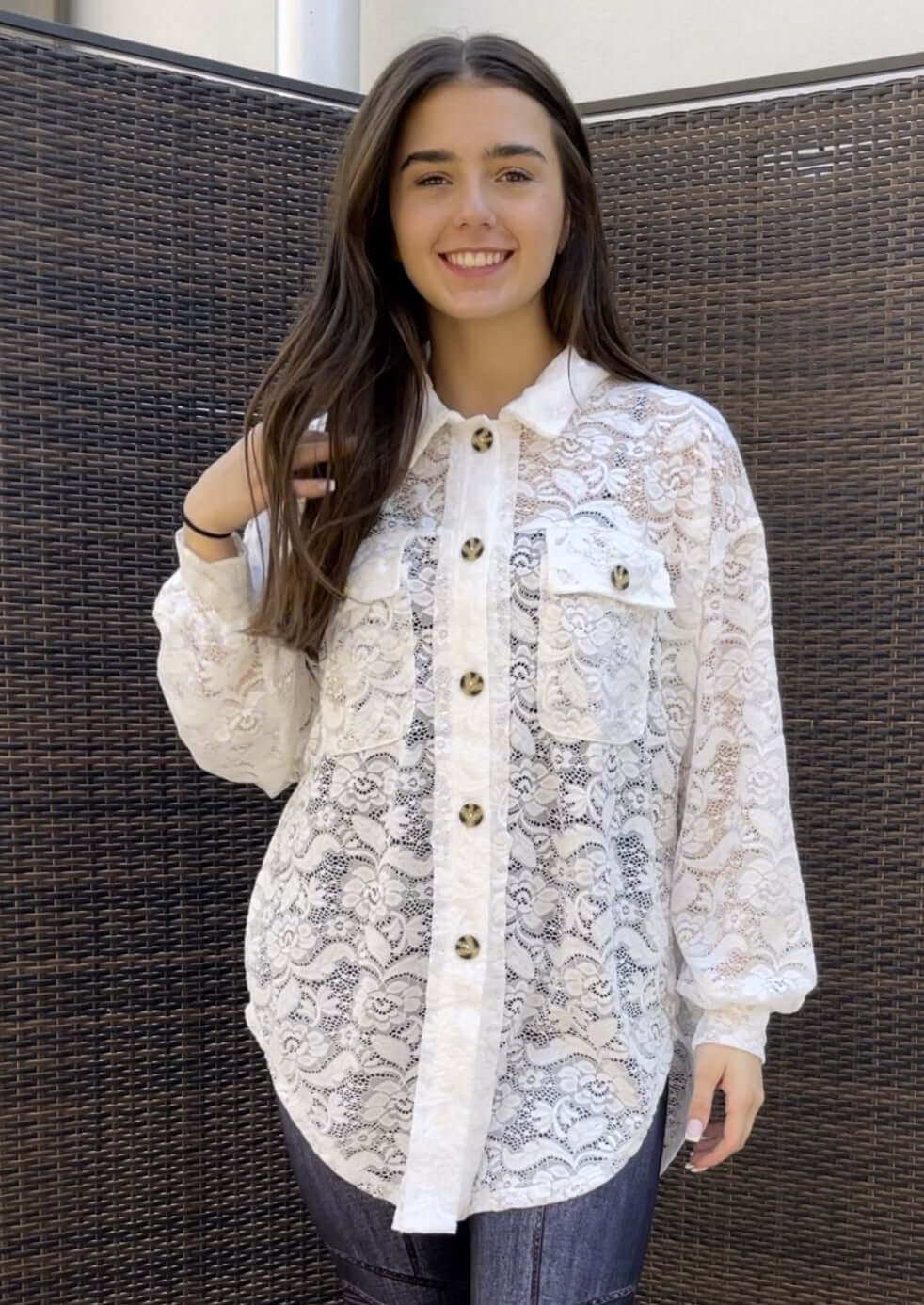 Ladies Oversized Off White Button Down Long Length Floral Lace Tunic Shirt | Made in USA | Classy Cozy Cool Women&