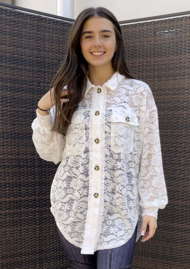 Ladies Oversized Off White Button Down Long Length Floral Lace Tunic Shirt | Made in USA | Classy Cozy Cool Women&