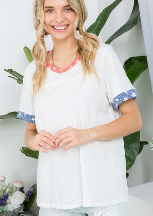 Made in USA Ladies Patriotic White V-Neck Stars Detail Essential Tee for 4th of July | Classy Cozy Cool Women&