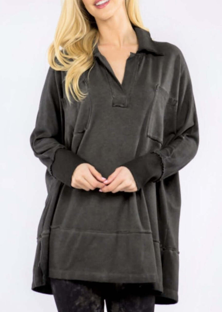 USA Made Ladies Oil Washed Premium French Terry Tunic with Front Pocket in Charcoal Gray Color |  M. Rena Style