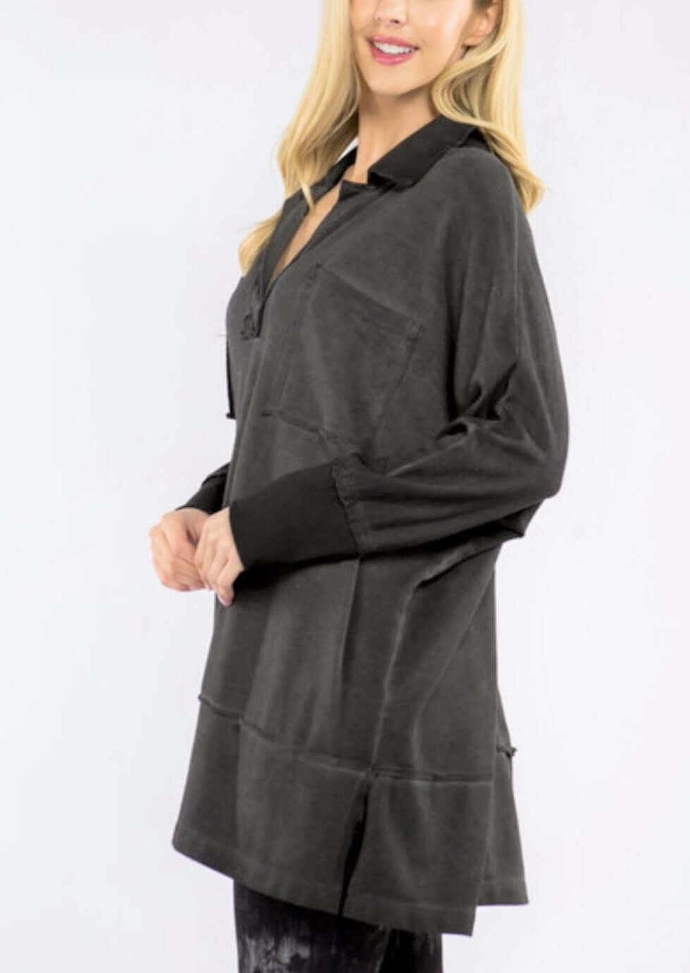 USA Made Ladies Oil Washed Premium French Terry Tunic with Front Pocket in Charcoal Gray Color |  M. Rena Style