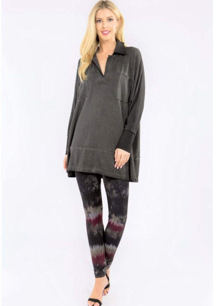 Classy Cozy Cool USA Made Ladies Oil Washed Premium French Terry Tunic with Front Pocket in Charcoal Gray Color |  M. Rena Style