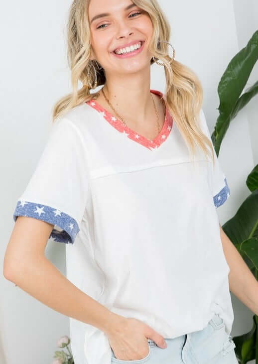 Made in USA Ladies Patriotic White V-Neck Stars Detail Essential Tee for 4th of July | Classy Cozy Cool Women&