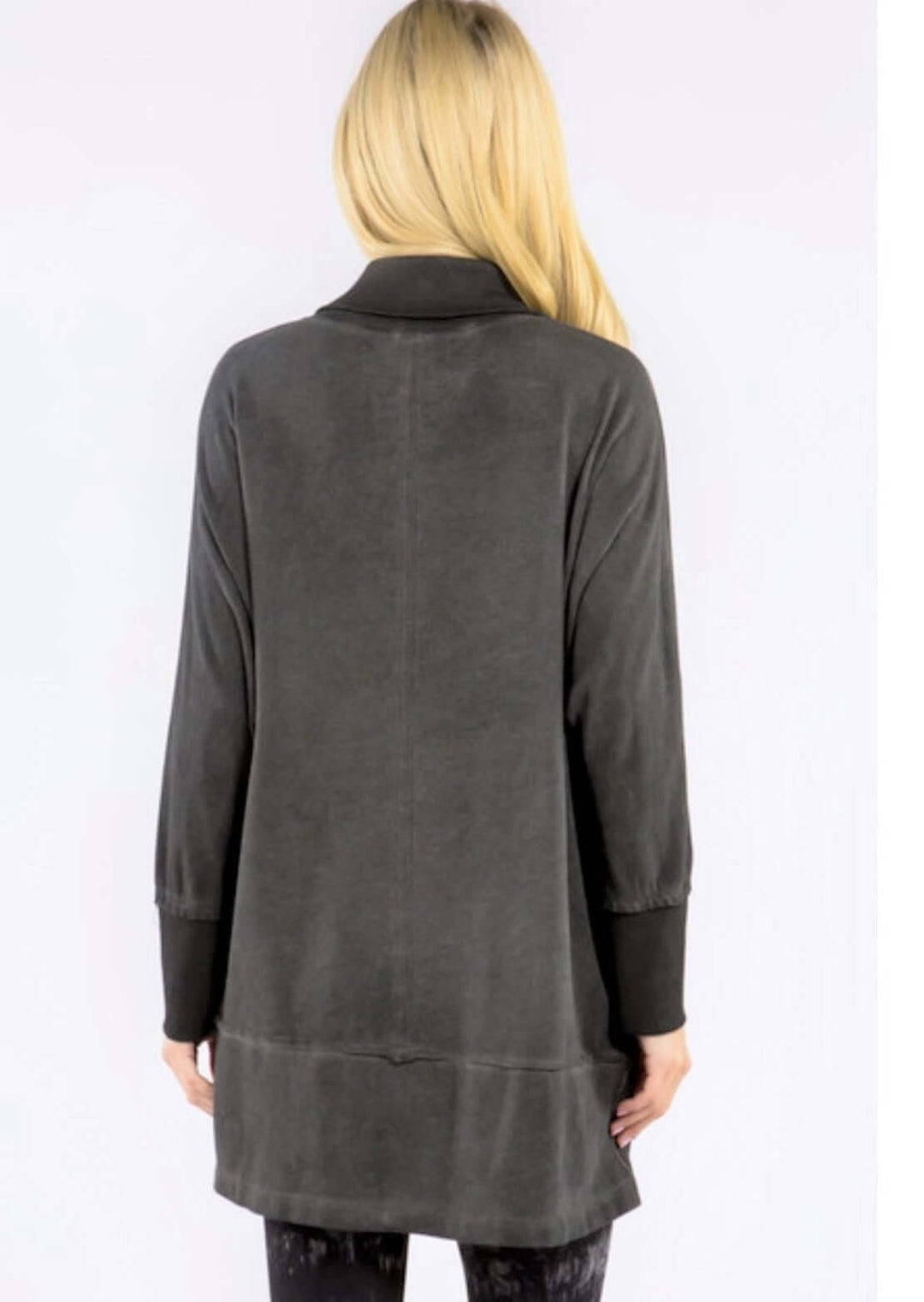 USA Made Ladies Oil Washed Premium French Terry Tunic with Front Pocket in Charcoal Gray Color |  M. Rena Style
