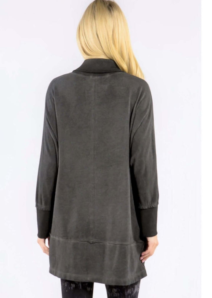 USA Made Ladies Oil Washed Premium French Terry Tunic with Front Pocket in Charcoal Gray Color |  M. Rena Style