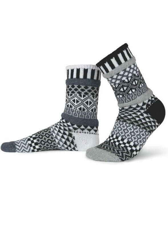 Solmate MIDNIGHT Black &amp; White Knitted Crew Socks | Made In USA | Delightfully Mismatched &amp; so Very Comfortable. Classy Cozy Cool Women&
