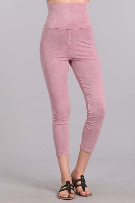 Rose Pink Chatoyant Mineral Washed Pull On Capri Leggings | Made in USA | Tummy control wide fold-over waistband | Classy Cozy Cool Women&