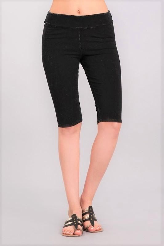 Ladies Mineral Washed Black Knee Length Biker Shorts | Chatoyant Style