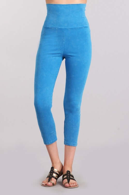 Aqua Blue Chatoyant Mineral Washed Pull On Capri Leggings | Made in USA | Tummy control wide fold-over waistband | Classy Cozy Cool Women&