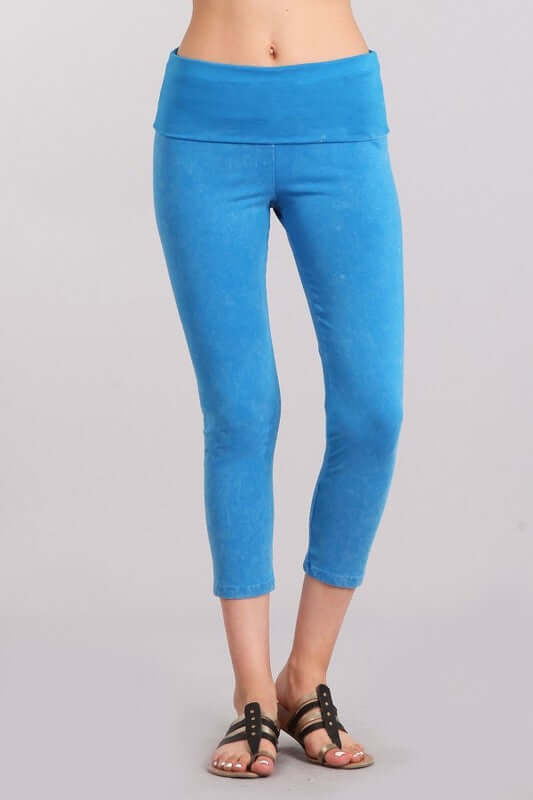 Aqua Blue Chatoyant Mineral Washed Pull On Capri Leggings | Made in USA | Tummy control wide fold-over waistband | Classy Cozy Cool Women&
