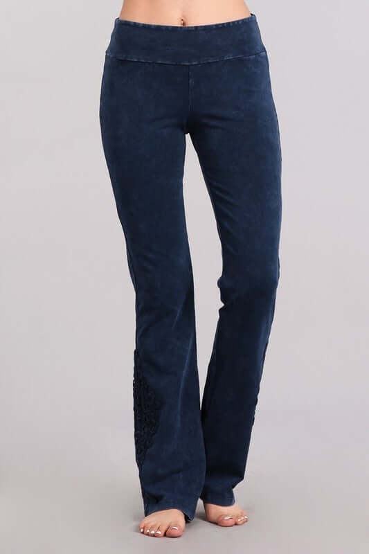 Electric Blue Chatoyant Mineral Washed Boot Cut Jeggings with Crochet Detail Hem Style