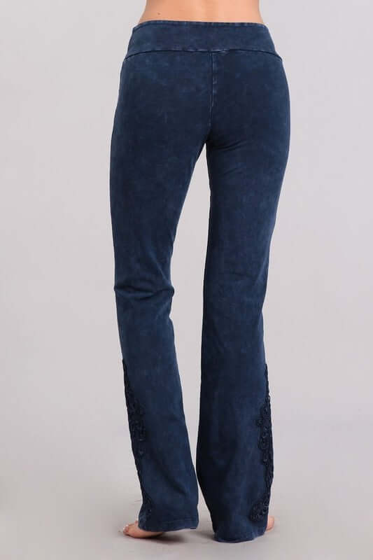 Electric Blue Chatoyant Mineral Washed Boot Cut Jeggings with Crochet Detail Hem Style