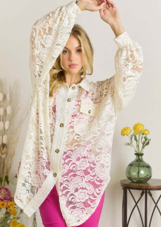 Ladies Oversized Off White Button Down Long Length Floral Lace Tunic Shirt | Made in USA | Classy Cozy Cool Women&