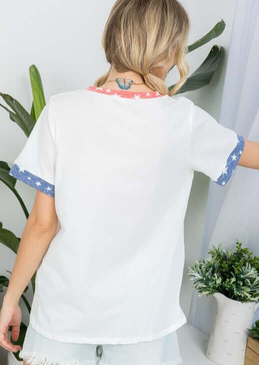 Made in USA Ladies Patriotic White V-Neck Stars Detail Essential Tee for 4th of July | Classy Cozy Cool Women&