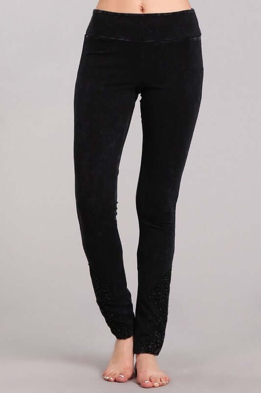 Made with USA Cotton | Chatoyant Mineral Washed Jeggings with Crochet Ankle Detail Hem in Black Mineral Washed Style