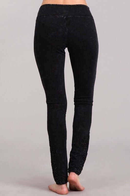 Made with USA Cotton | Chatoyant Mineral Washed Jeggings with Crochet Ankle Detail Hem in Black Mineral Washed Style