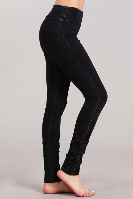 Made with USA Cotton | Chatoyant Mineral Washed Jeggings with Crochet Ankle Detail Hem in Black Mineral Washed Style