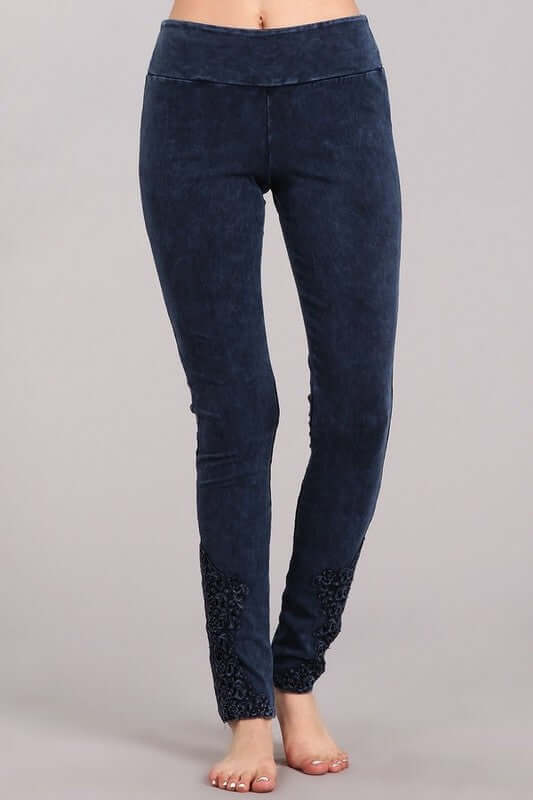Chatoyant Mineral Washed Jeggings with Crochet Ankle Detail Hem Style