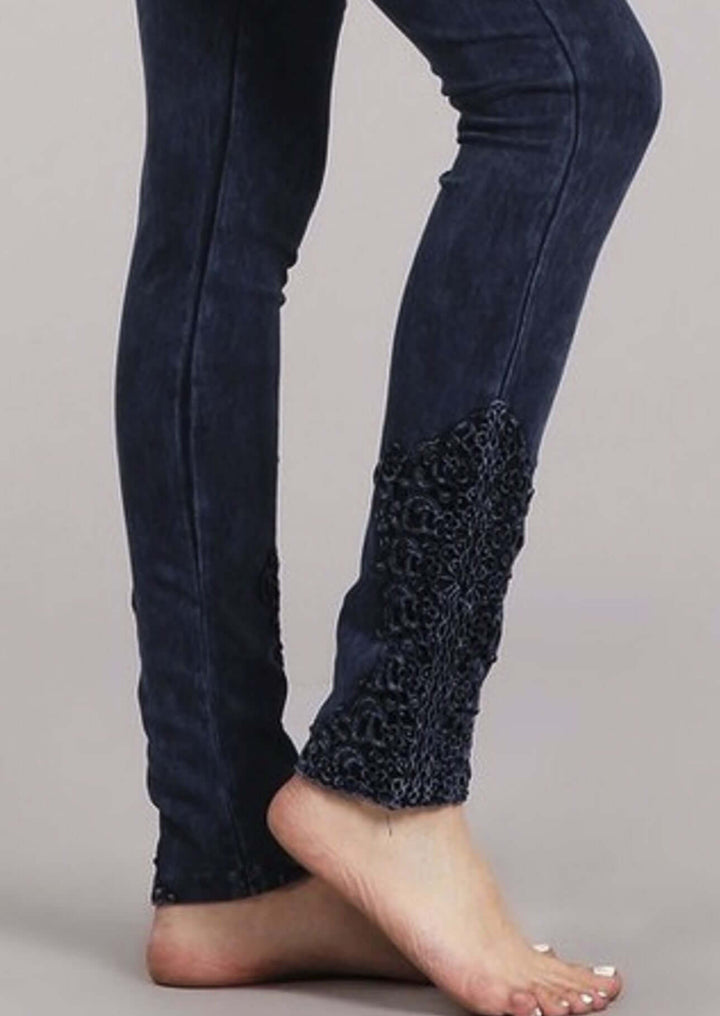 Chatoyant Mineral Washed Jeggings with Crochet Ankle Detail Hem Style