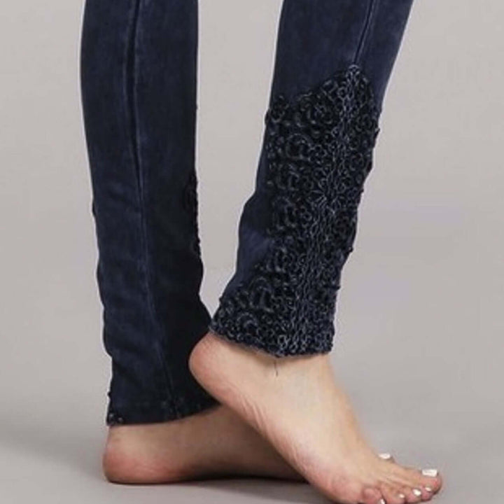 Chatoyant Mineral Washed Jeggings with Crochet Ankle Detail Hem Style