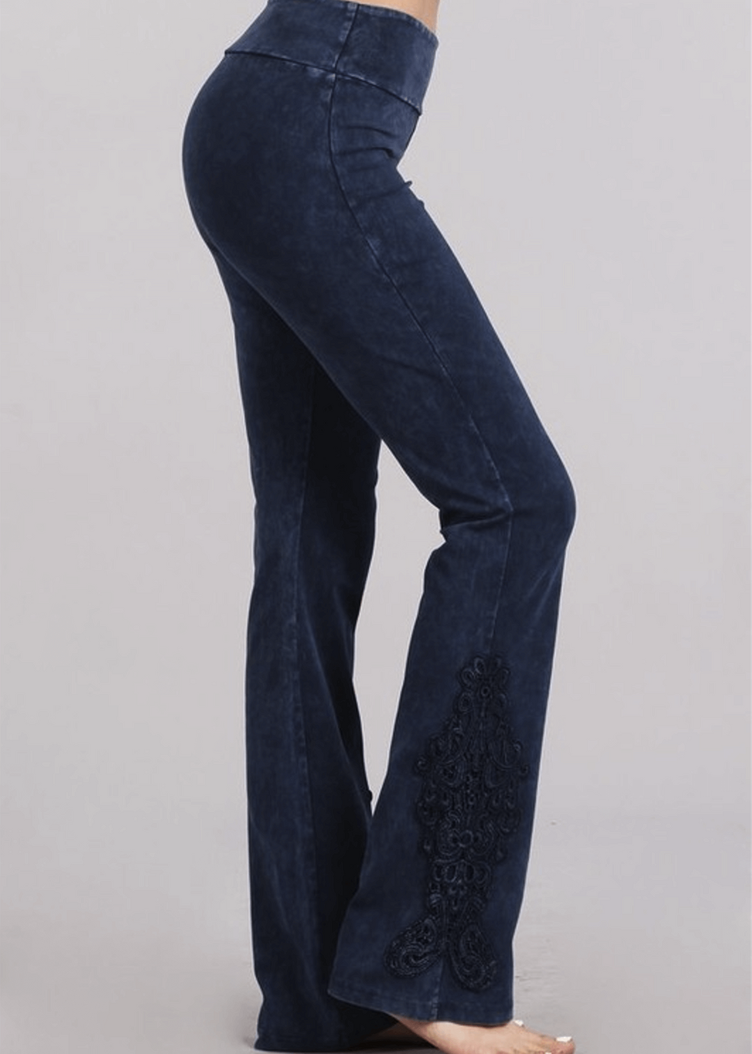 Electric Blue Chatoyant Mineral Washed Boot Cut Jeggings with Crochet Detail Hem Style