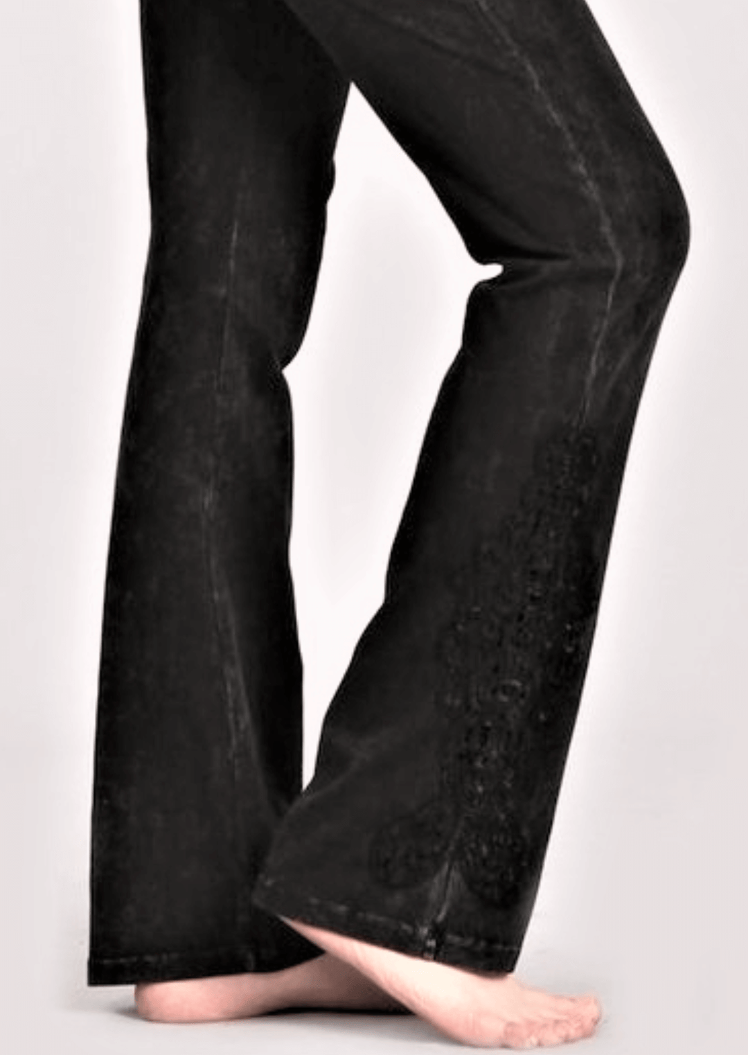 Mineral Washed Black Chatoyant Mineral Washed Boot Cut Jeggings with Crochet Detail Hem Style