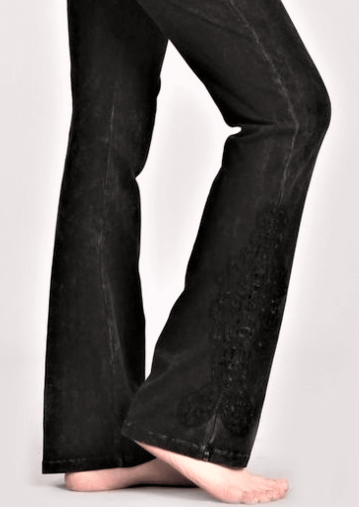 Mineral Washed Black Chatoyant Mineral Washed Boot Cut Jeggings with Crochet Detail Hem Style