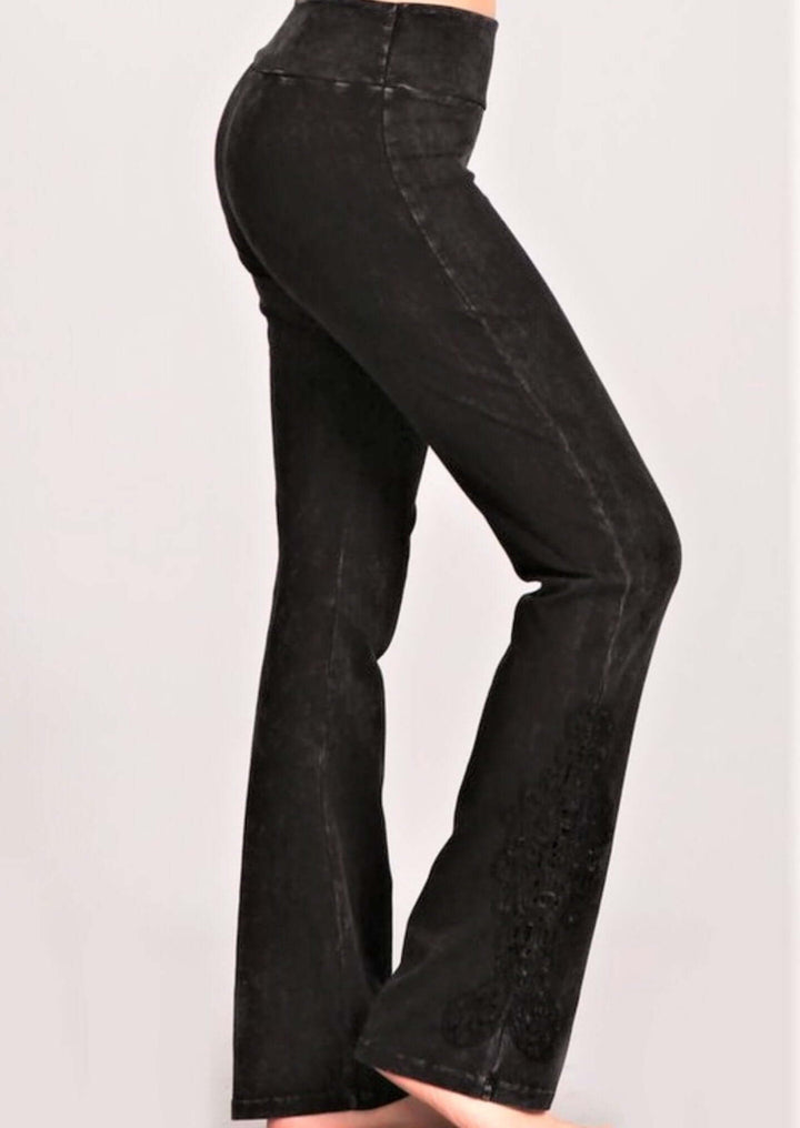 Chatoyant Mineral Washed Boot Cut Jeggings with Crochet Detail Hem Style