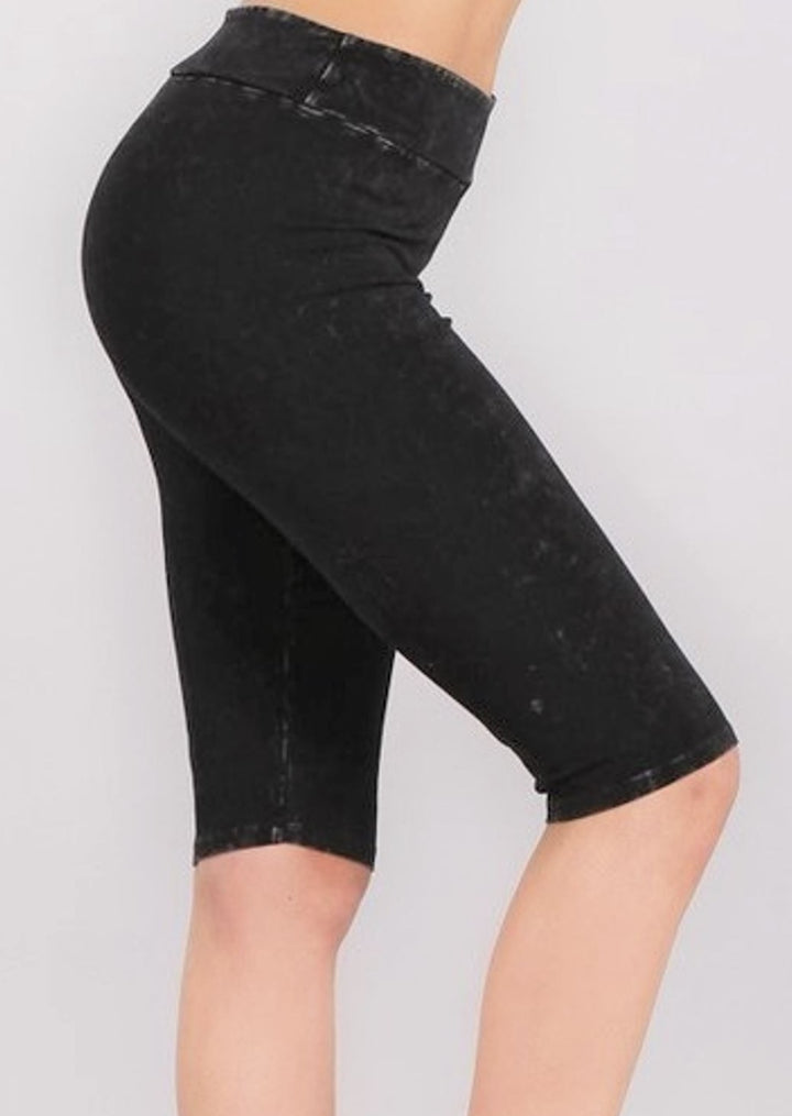 Ladies Mineral Washed Black Knee Length Biker Shorts | Chatoyant Style