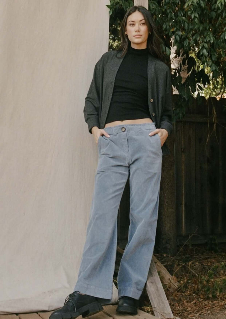 LA Relaxed Denim Blue Velvet Pants Proudly &amp; Responsibly Made in USA.  Relaxed Fit 100% Organic Cotton Tailored Pants.  Women&