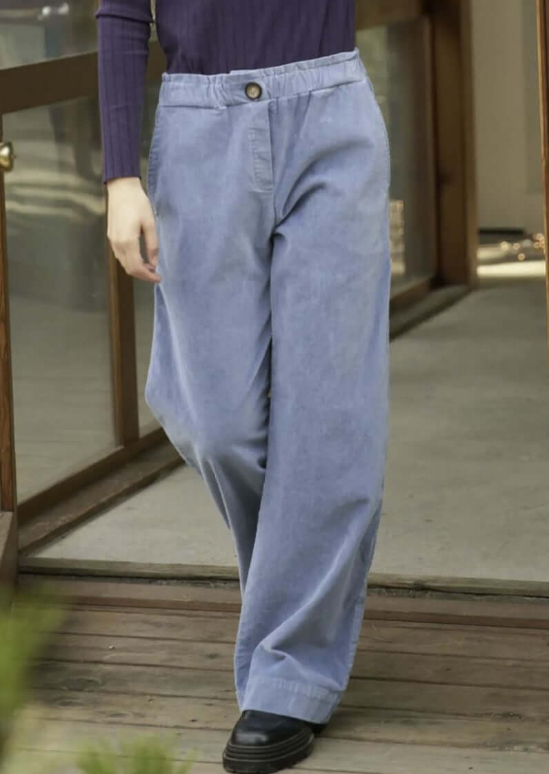 LA Relaxed Denim Blue Velvet Pants Proudly &amp; Responsibly Made in USA.  Relaxed Fit 100% Organic Cotton Tailored Pants.  Women&